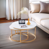 Table Basse ronde plateau couleur blanc pieds dorée en acier inoxydable