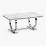 Table à Manger en plateau marbre blanc pieds argentés en acier inoxydable