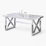 Table à manger plateau marbre blanc pieds argentée en acier inoxydable