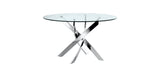 Table à manger ronde verre et 4 chaises transparentes argentées 120 cm